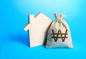 House silhouette and a south korean won money bag. Home purchase, investment in real estate. Mortgage loan. Realtor services. Rental business. Property appraisal. House project development.