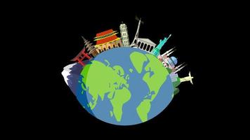 Spinning earth planet with famous Landmarks travel world concept loop Animation video transparent background with alpha channel