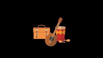 music guitar and drum, suitcase loop Animation video transparent background with alpha channel