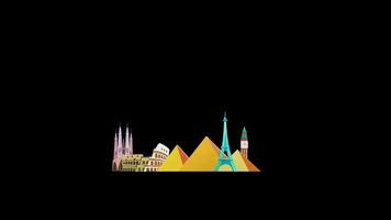 Travel to world, famous landmarks of the world loop Animation video transparent background with alpha channel