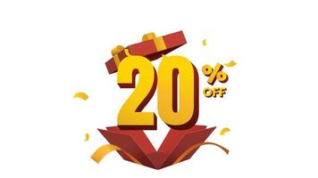 discount 20 percent off animation in surprise opening red gift box with golden ribbon and confetti video