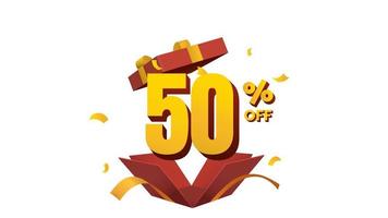 discount 50 percent off animation in surprise opening red gift box with golden ribbon and confetti video
