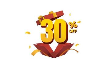 discount 30 percent off animation in surprise opening red gift box with golden ribbon and confetti video