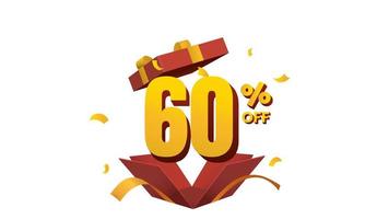 discount 60 percent off animation in surprise opening red gift box with golden ribbon and confetti video