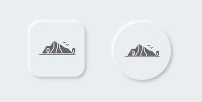Mountain solid icon in neomorphic design style. Adventure signs vector illustration.