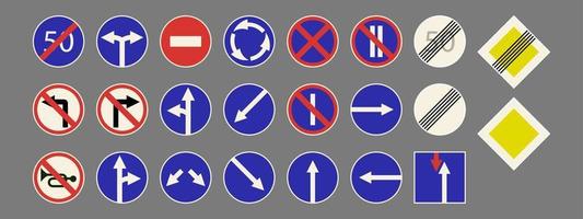 A set of road signs on a gray background, horizontal, flat style for printing and design. Vector illustration.