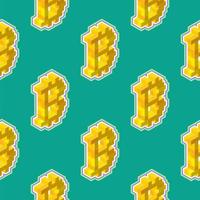 Bitcoin sign consisting of yellow blocks in isometric view on a green background. Seamless pattern. Vector illustration.