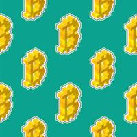 Bitcoin sign consisting of yellow blocks in isometric view on a green background. Seamless pattern. Vector illustration.