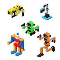 Set of robots assembled from plastic blocks in isometric style for printing and decoration.Vector illustration. vector