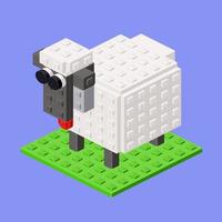 Sheep assembled from plastic blocks on a blue background in isometric style for print and design. Vector illustration.