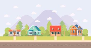 Landscape houses on the background of mountains in cartoon style for print and design.Vector illustration. vector