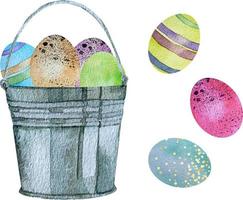 Watercolor spring Easter with rusty bucket with colored eggs vector