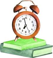 Watercolor orange alarm clock on green books white background. S vector