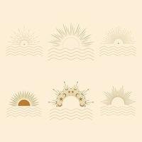 Bohemian sunset and ocean waves vector icons set. Vector set of linear boho icons and symbols. Sun logo design templates. Abstract design elements for jewelry inminimalist style for social media posts