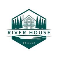 Hand drawn house and trees logo design. River house chalet emblem. Luxury real estate logotype. vector