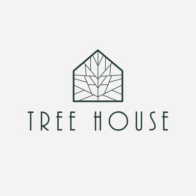 Tree in house abstract logo template. Tree house logo design. Real estate logotype.