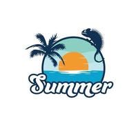 verano viaje logo diseño. tropical paisaje con iguana logotipo mar y Dom hermosa viaje icono. vector