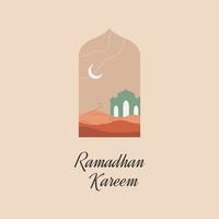 ramadhan contento musulmán día, estético estilo, Desierto paisaje en el mezquita marco vector