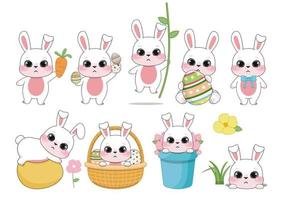 Happy Easter Day with Set of cute rabbits. Cute Bunny holding easter eggs, sitting in easter eggs basket and sitting in spring flower pot cartoon characters, vector illustration, flat design