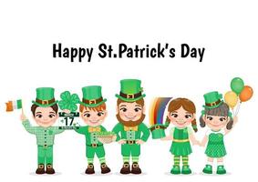 St. Patrick s Day Card template with leprechaun and kids in Irish costumes. Invitation card to an Irish party at the Pub cartoon character design vector