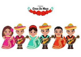 Cinco de Mayo in May 5 federal holiday in Mexico with Cartoon boys and girls in different mexican outfits for celebrating cinco de mayo event card template vector