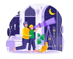 The father and his son are looking at the sky with a telescope for the new moon or hilal that signals the start of the Holy month of Ramadan. Looking for a hilal or Crescent moon concept illustration vector