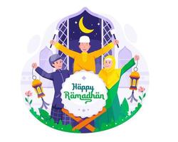 contento joven musulmán niños celebrar Ramadán kareem con Bedug o tambor y que lleva linternas contento eid Mubarak saludo ilustración vector