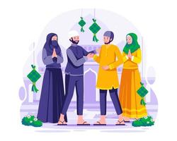 contento eid Mubarak saludos, musulmán personas saludar cada otro y sacudir manos. celebrar eid al-fitr concepto ilustración vector