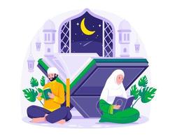 Muslim couple reading and studying the Quran in the mosque during Ramadan Kareem with a giant Quran background. Vector illustration in flat style