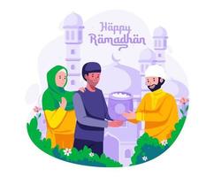 Muslim People give Zakat charity, an important Islamic obligation. Donation and charity during the Holy Month of Ramadan Kareem illustration vector