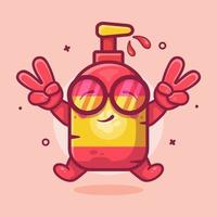 cute pet shampoo bottle character mascot with peace sign hand gesture isolated cartoon in flat style design vector