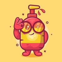 gracioso mascota champú botella personaje mascota con Okay firmar mano gesto aislado dibujos animados en plano estilo diseño vector