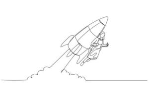 businesswoman using rocket going to the moon. metaphor for project start up vector