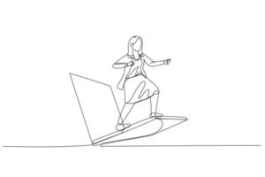 businesswoman riding laptop. metaphor for technology used in business vector