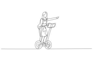 mujer de negocios con capa montando segway metáfora para utilizando herramientas vector