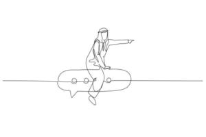 Illustration of arab businessman ride speech bubble moving to target. metaphor for good coordination. One line style art vector
