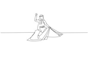 Cartoon of arab businessman using flying book. metaphor for knowledge and education. One line art style vector