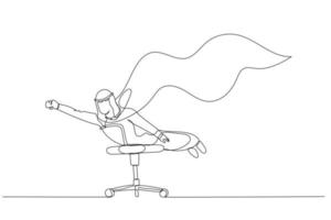 Cartoon of arab businessman with cape on office chair pose like hero. Continuous line art vector