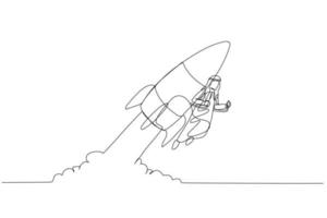 Cartoon of arab businessman using rocket going to the moon. metaphor for project start up. Single continuous line art style vector