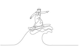 Illustration of arab businessman riding surf board with wave. metaphor for overcome difficulty. One line art style vector