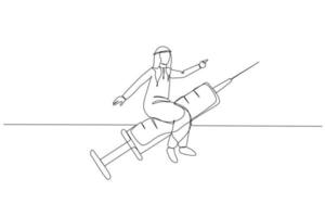 Drawing of arab businessman riding syringe moving fast. metaphor for healthy. Single line art style vector