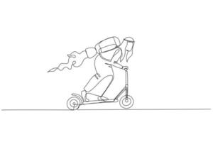 Drawing of arab businessman riding scooter with jet engine. metaphor for business speed. Single continuous line art style vector