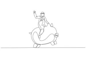 Illustration of arab businessman riding piggy bank. metaphor for investment and saving. Single line art style vector