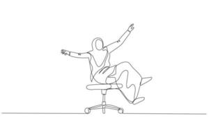 Drawing of muslim woman sitting on uncontrollable chair. metaphor for work depression. One line style art vector