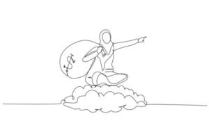 Cartoon of muslim woman riding money bag pointing to goal. metaphor for investment gain. Single continuous line art style vector