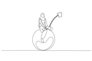 Illustration of muslim woman riding round object that can explode. metaphor for risk. One line art style vector