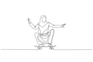 Illustration of muslim woman riding skateboard. metaphor for business of usual. Continuous line art style vector