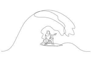 Illustration of muslim woman using surfboard. metaphor for moving forward with trend. Continuous line art vector