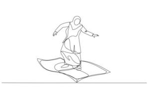 Illustration of muslim woman riding flying money. metaphor for profit. Single continuous line art style vector