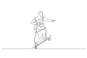 Drawing of muslim woman stand and moving with skateboard. metaphor for business style. One continuous line art style vector